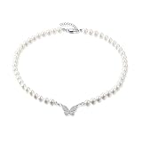 Schmetterlings-Perlenkette für Damen Runde weiße simulierte Muschelperlenkette Strass-Schmetterlings-Anhänger-Halskette für Mädchen
