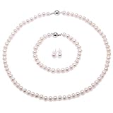 JYX Perlenkette Weiß eechte perlenkette weiss Süßwasser Perlenkette, Armband und Ohrstecker Set - Perlen Schmuckset Damen - AA Qualität (5-6mm Flache Runde Perle)