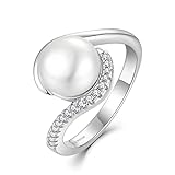 JO WISDOM Damen Ring Silber 925 mit 3A Zirkonia,Perlenring mit 9mm Süßwasserperle,Schmuck für Frauen