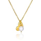 Kurze Perlen-Halskette gold mit Herz-Anhänger, Perlen-Schmuck, 925 Sterling Silber-Kette und Anhänger vergoldet, Handmade Geschenk für Sie, Talisman