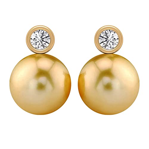 9 CT Golden South See Pearl Ohrringe, 1/3 ct Hi-Si Diamond Bezel Ohrringe Bolzen, einfache goldene Ohrringe (8 mm Südseeperle), 14K Gelbgold