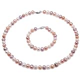 JYX perlenschmuck set perlenketten set mehrfarbiges Perlenketten-Set mit Süßwasserperlen, Halskette und Armband für Damen, Schmuck Set pearl set (8–9 mm)