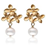 Perlen-Ohrringe matt-gold, vergoldete Blüten-Ohrstecker zierlich, weiße Süßwasser-Perle, Perlen-Schmuck, Hochzeit, Braut, handmade Geschenk für Sie