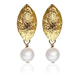Perlen-Ohrringe gold, schlichte Perlen-Ohrstecker, matt vergoldetes Blatt mit Süßwasserperle, Braut-Schmuck, Hochzeit, Handmade Geschenk für Sie