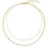LEGITTA Perlenkette Gliederkette Kettenset Damen Mehrreihige Halsketten Süßwasserperlen Choker mit Büroklammer Kette für Frauen Mädchen
