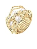 Nenalina Damen Ring Perlenring besetzt mit 2 Süsswasserperlen 4 mm und 2 Süsswasserperlen 5 mm in weiß, handgearbeitet aus 925 Sterling Silber vergoldet, Gr. 58-721058-542-58