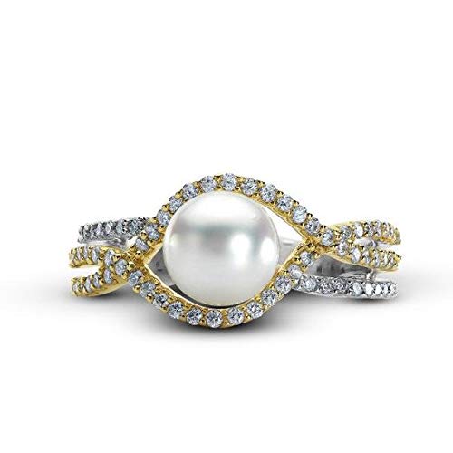 Akoya-Perle und Diamant Infinity Ring 14k zwei Ton Gold (0.53ct), Gold Verlobungsring für immer, Ehering,Versprechen-Goldring