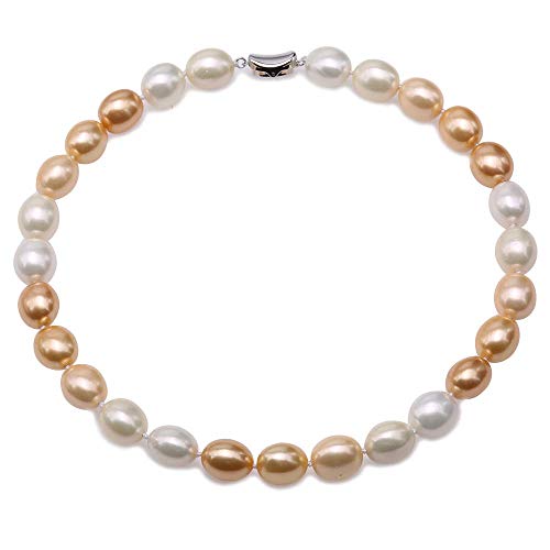 JYX Perlenkette 12 x 15 mm Weiß und Goldfarben Südseeperle Halskette Oval Perlen Halskette für Frauen 45 cm
