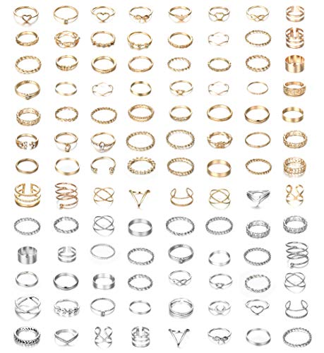Milacolato 104Pcs Fingerringe Ringe Damen Set Niedliche Minimalistisch Verstellbare Band Fingerringe Silber Gold Vintage Stapelbarer Ring Midi Daumengelenk Verstellbar Ringe Set