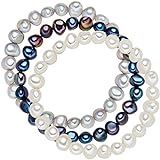 Valero Pearls Damen-Armband 3er Set hochwertige Süßwasser-Zuchtperle hellgrau weiß blau 19 cm - Perlenarmbänder mit echten Perlen weiss dunkelblau grau 60201782